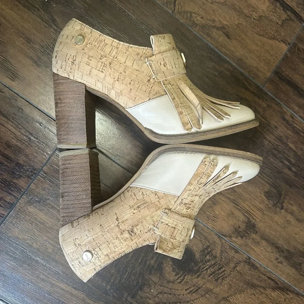Rutz Walk in Cork Ankle Heel Boots Tan Fringe Womens 36 Side Zip